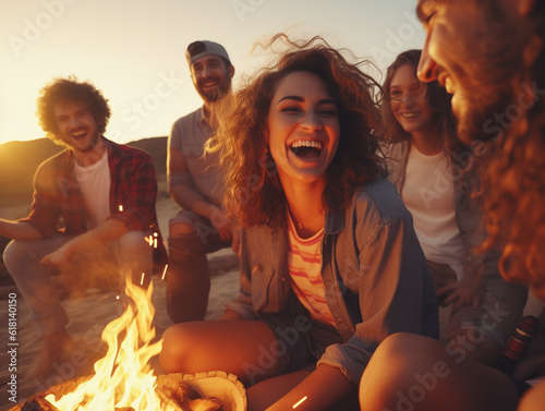 Fête d'été entre amis autour d'un feu de camp à la plage