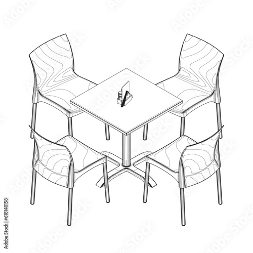 Contour Modern round table with chairs. Vector illustration. Hand drawn vector line art sketch of a dining table with chairs.
