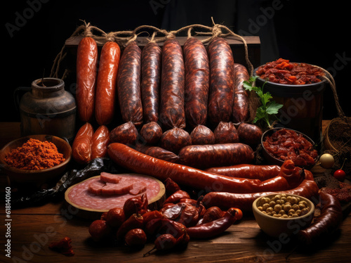 Assortment of dried and raw smoked sausages