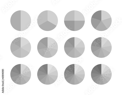 Piechart with segments and slices in shades of gray colors. Circular structure chart. Ring section template. Circle graph. Pie diagram. Set schemes with sectors. Vector illustration