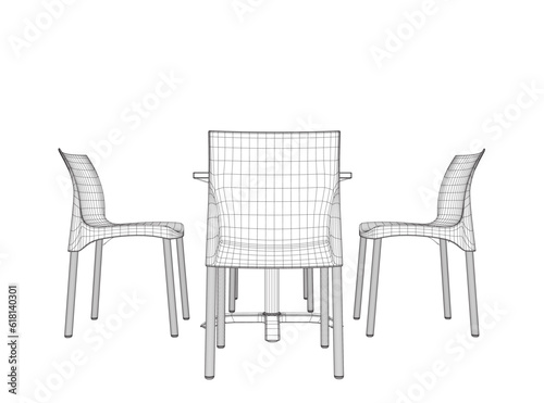 Wireframe Modern round table with chairs. Vector illustration. Hand drawn vector line art sketch of a dining table with chairs. 3D.