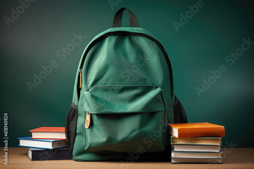 Stylish green fabric school backpack and a stack of books on a wooden table and a green background.