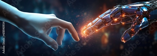 A human hand touches a hand of robot. Bright flash