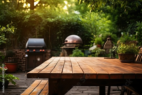 An empty dark wood table with space for promotional items against a backyard with a BBQ and grill.