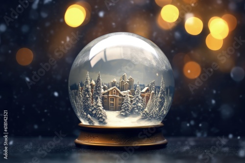 Glass globe with christmas landscape inside, christmas holiday concept, bokeh background. Generative AI © Deivison