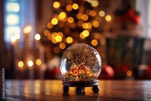 Glass globe with christmas landscape inside  christmas holiday concept  bokeh background. Generative AI