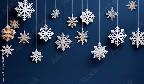 Christmas decoration on blue background, snowflakes, digital illustration. Generative AI