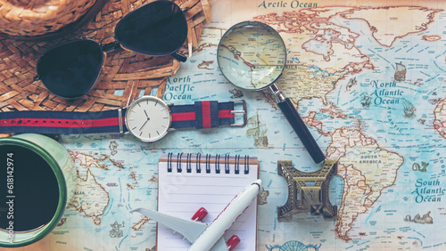 Tourism travel Information brochure. Traveler tour accessories maps, passport items man tourism backpack and visiting for planning business trips destination travel vacations world. Map background