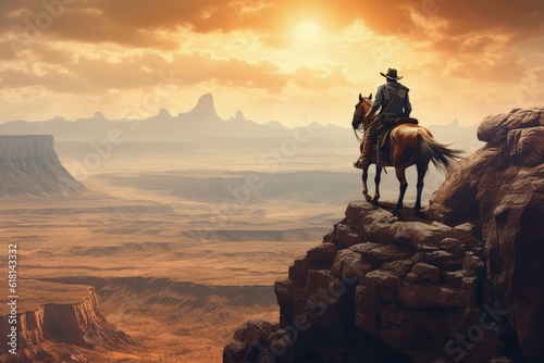 Landscape with cowboy on horse  canions in background  old west concept. Generative AI