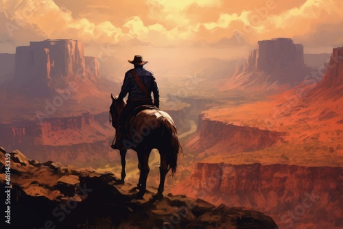 Landscape with cowboy on horse, canions in background, old west concept. Generative AI