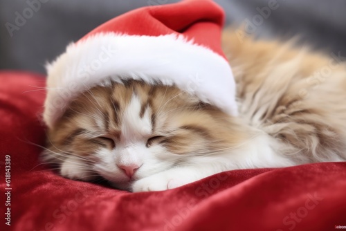 Cute cat in santa claus hat, christmas holiday concept. Generative AI