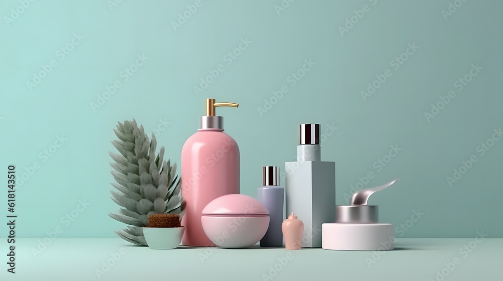 cosmetic collection for women on pastel light blue background. generative ai cosmetic collection for women on pastel light blue background. generative ai