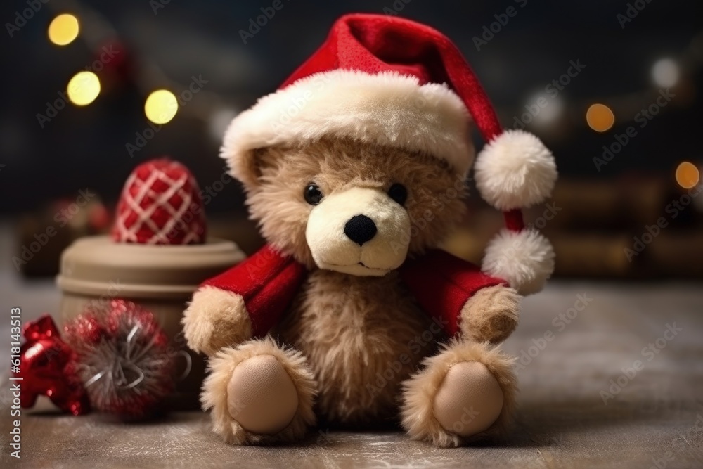 Teddy bear with Santa Claus hat, christmas holiday concept. Generative AI
