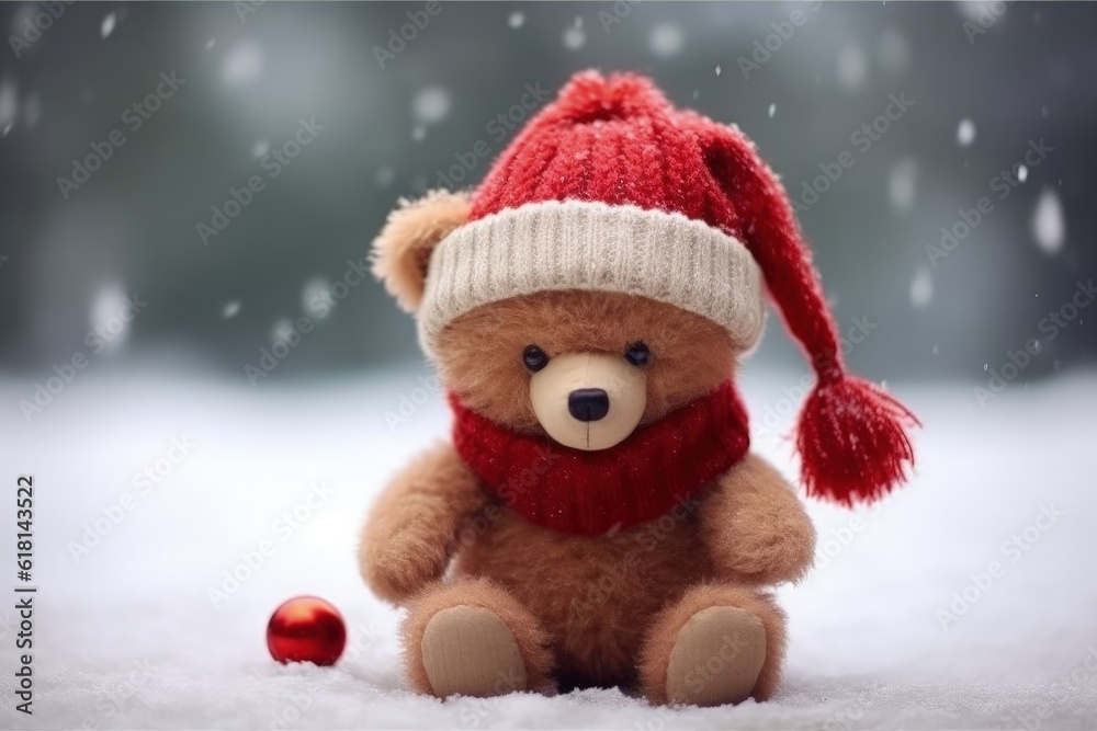 Teddy bear with Santa Claus hat, christmas holiday concept. Generative AI