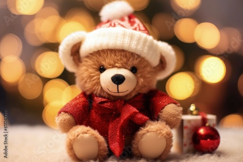 Teddy bear with Santa Claus hat, christmas holiday concept. Generative AI