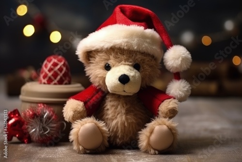 Teddy bear with Santa Claus hat, christmas holiday concept. Generative AI © Deivison