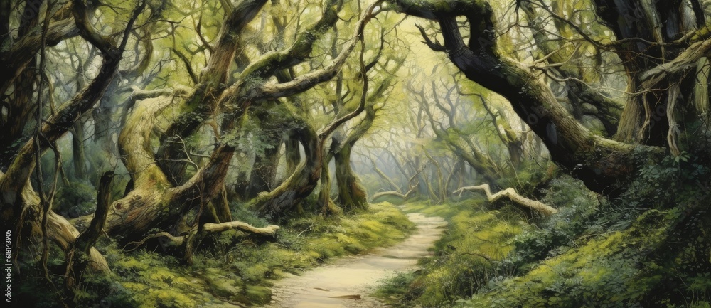 Fototapeta premium Enchanted forest, fantasy concept, digital illustration. Generative AI