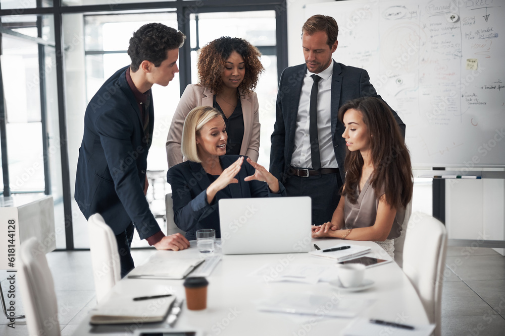 Meeting, advice and business people with laptop, mentor and planning ideas in collaboration on project proposal. Teamwork, coaching and workshop, men and women with target management in modern office