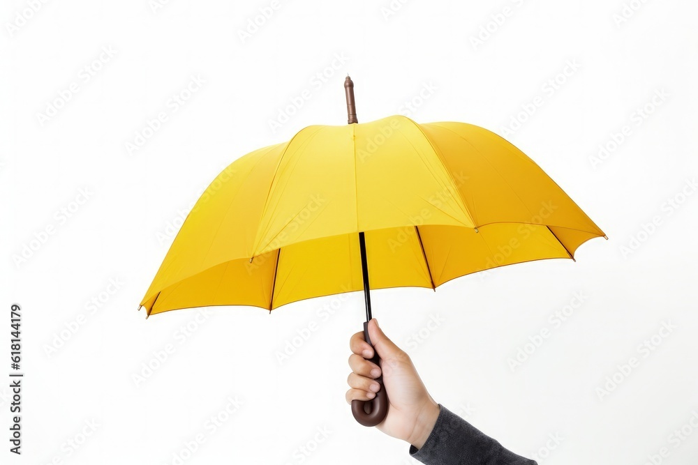 Hand holding umbrella on white background. Generative AI