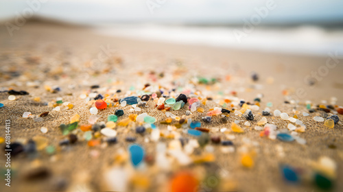 small multi-colored particles of plastic and glass mixed with marine sand on the shores of a paradise tropical beach. Conceptual environmental pollution, sea water ocean and reef. Ai generic