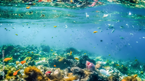 Plastic trash at the bottom of the tropical sea. tropical fish swim among plastic bottles, bags. Conceptual illustration of ocean and reef sea water pollution.AI Generative