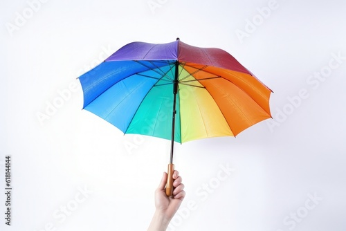 Hand holding umbrella on white background. Generative AI