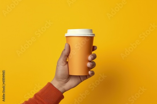 Hand holding coffee cup, yellow background. Generative AI © Deivison