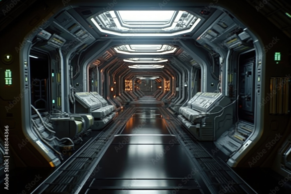 Interior of a technological spaceship, futuristic and fiction concept, digital illustration. Generative AI Interior of a technological spaceship, futuristic and fiction concept, digital illustration. Generative AI