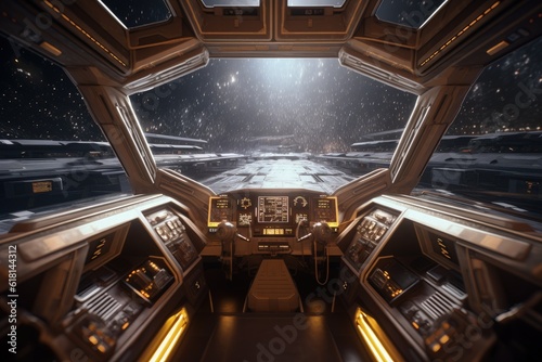 Interior of a technological spaceship, futuristic and fiction concept, digital illustration. Generative AI