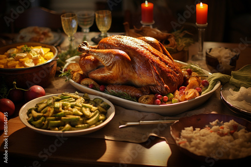 Gedeckter Tisch für Thanksgiving mit Truthahn und Beilagen