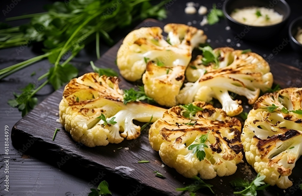 Grilled cauliflower steaks with greens and herbs on wooden serving board, close up. Healthy eating, plant based meat substitute concept. Vegan food dish, roasted cauliflower. AI generated