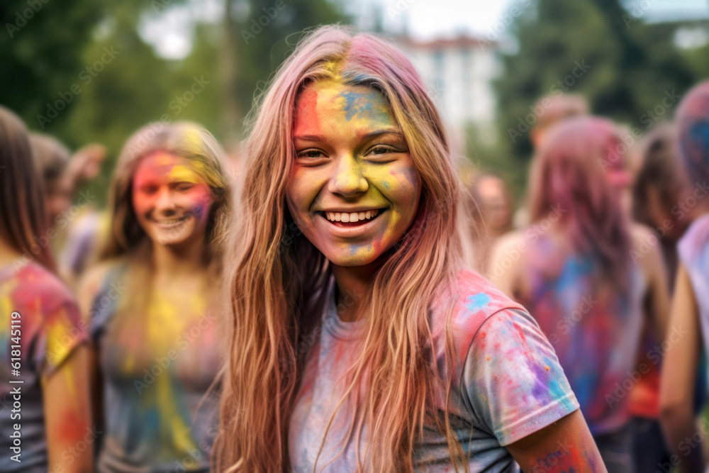 Smiling teen covered in colourful paint.