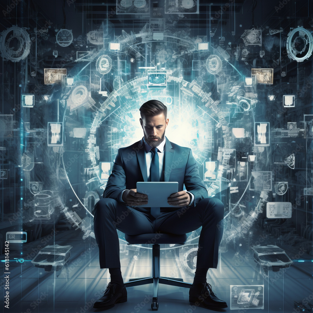 Portrait of a young confident businessman using a tablet computer against a futuristic background. Image of businessman with tablet in hands against media interface background. Technologies concept Portrait of a young confident businessman using a tablet computer against a futuristic background. Image of businessman with tablet in hands against media interface background. Technologies concept