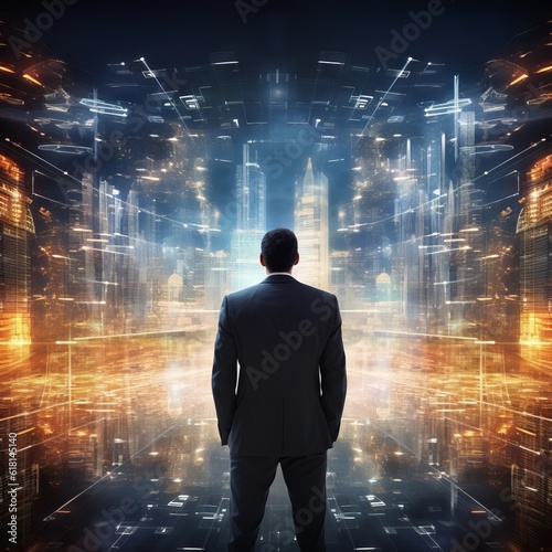 Back view of businessman looking at virtual screen against night cityscape. Businessman looking at abstract business hologram in dark room. Technology concept.