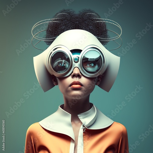 Portrait of a young female wearing futuristic fashion clothing and VR headset