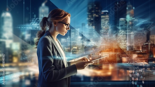 Young businesswoman works on a laptop against a futuristic glowing city background. Attractive businesswoman using tablet pc against modern night cityscape. Side view of businesswoman using tablet