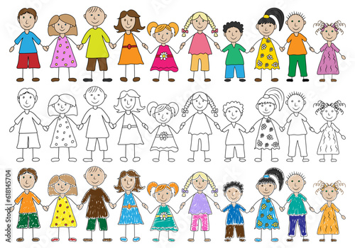 Group of happy kids hand drawn style. Color preschool children holding hands. Kid's drawing. Vector illustration