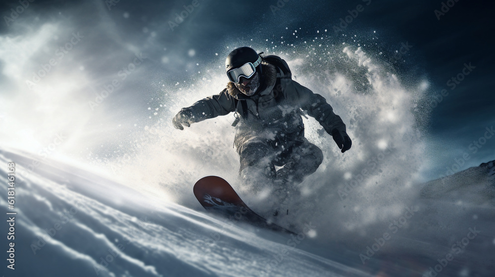 Snowboarder riding on slope in the winter