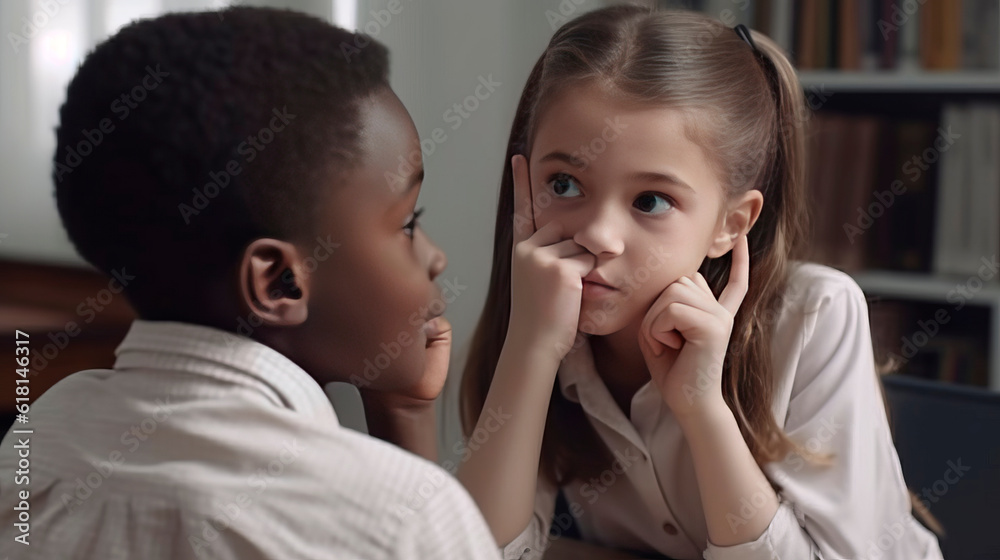 two american school kids in classroom. Generative AI. two american school kids in classroom. Generative AI.