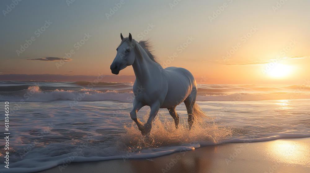 Horse running on the beach at sunset made with Ai generative technology Horse running on the beach at sunset made with Ai generative technology