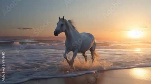 Horse running on the beach at sunset made with Ai generative technology © Jixster