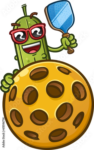 A happy pickle cartoon wearing stylish sunglasses and sporting an epic handlebar mustache while peeking over from behind a giant pickleball and waving for attention