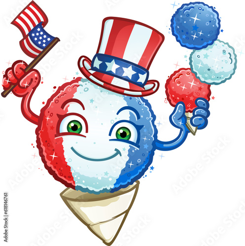 snow cone in red white and blue colors wearing an uncle sam hat and  balancing a stack of snowcones with an American flag in his hand 