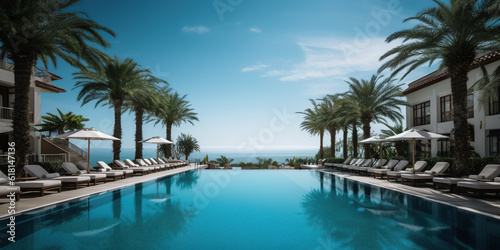 Luxury hotel with a large pool nearby the ocean made with Ai generative technology © Jixster
