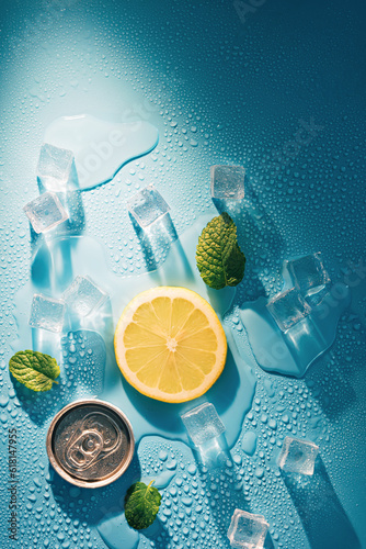 Creative summer composition with lemon slice, mint leaves, can of soda and ice cubes. Minimal lemonade drink concept.