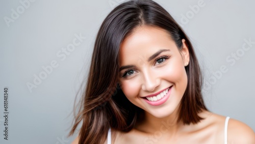 Obraz na plátně Portrait beautiful brunette model woman with white teeth smile, healthy long hair and beauty skin on grey background