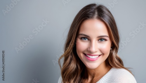 Portrait beautiful brunette model woman with white teeth smile, healthy long hair and beauty skin on grey background. Concept of advertising dentist and facial care. Generative AI