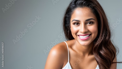Portrait beautiful brunette latina model woman with white teeth smile, healthy long hair and beauty skin on grey background. Concept of advertising dentist and facial care. Generative AI
