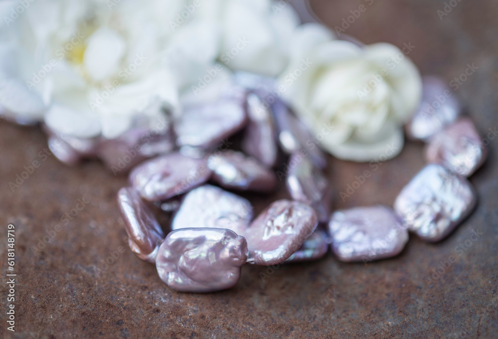 Obraz premium Natural freshwater pearls of various shapes and colors are photographed on a metall 