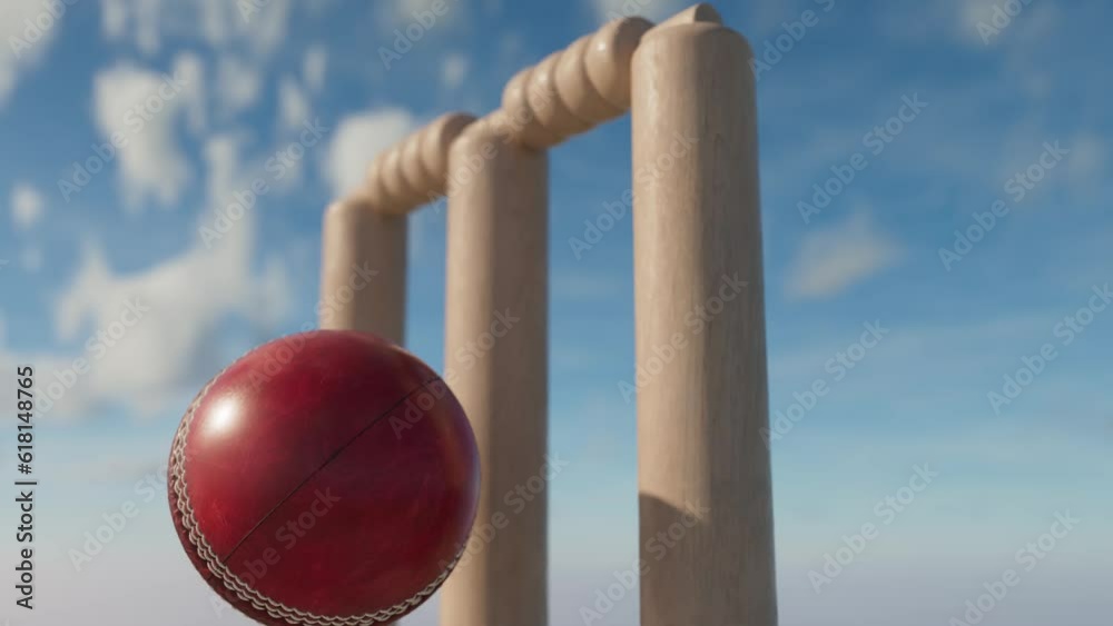A slow motion close up of a red leather stitched cricket ball hitting wooden wickets